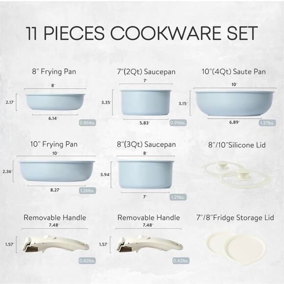 CAROTE Vibrant Blue 11-Piece Nonstick Cookware Set with Detachable Handles - Picture 2 of 12